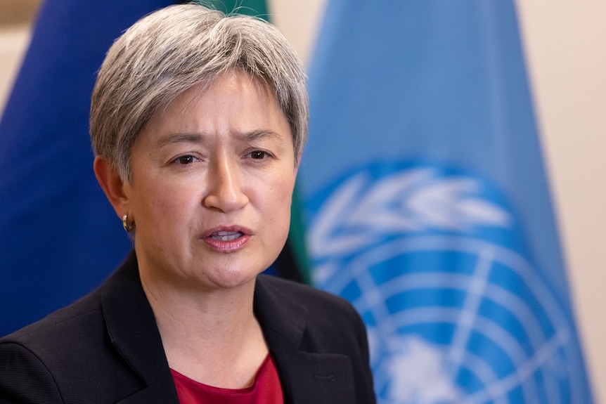 A woman in a black coat speaks while standing in front of the blue and white UN flag.