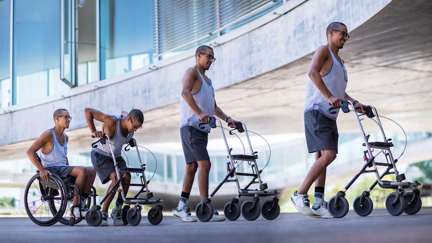 Composite image showing Patient David Mzee moving from sitting in a wheelchair to standing and walking with a walking frame