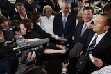 Media with Tony Abbott following the National Press Club debate (Getty Images: Stefan Postles)