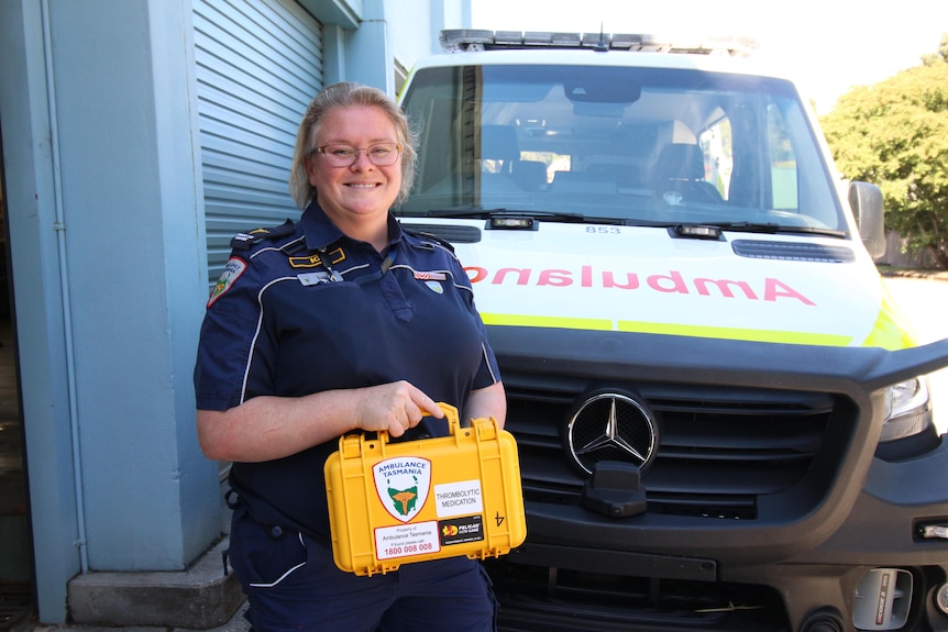 Paramedic Simone Haigh holds a case containing thrombolysis medication.