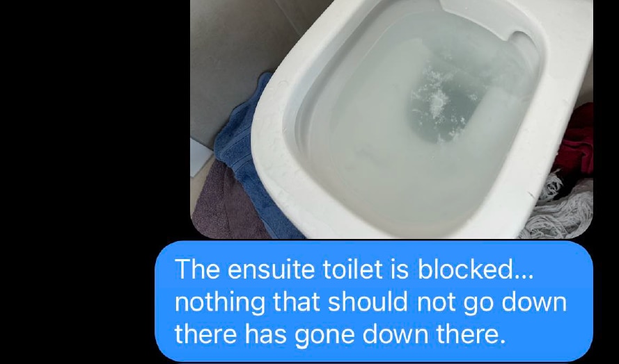 建設管理者へのテキスト メッセージにある、詰まったトイレの画像。