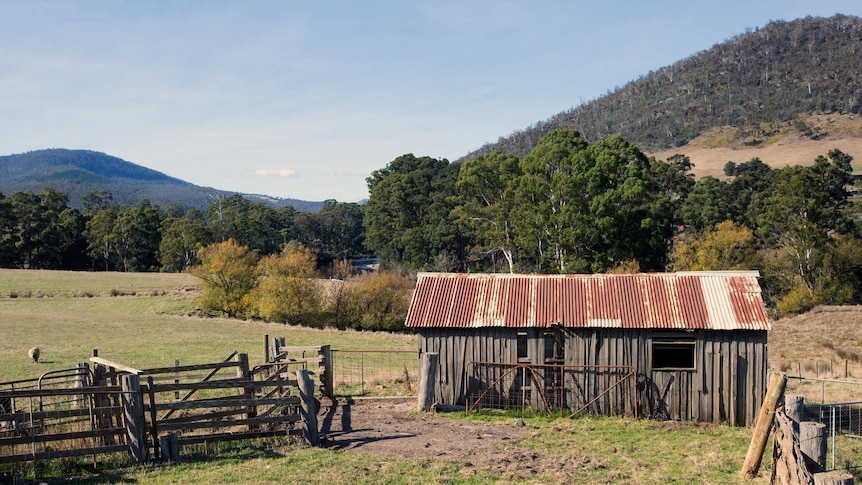 Generic image of rural Tasmanian property in front of mountains.