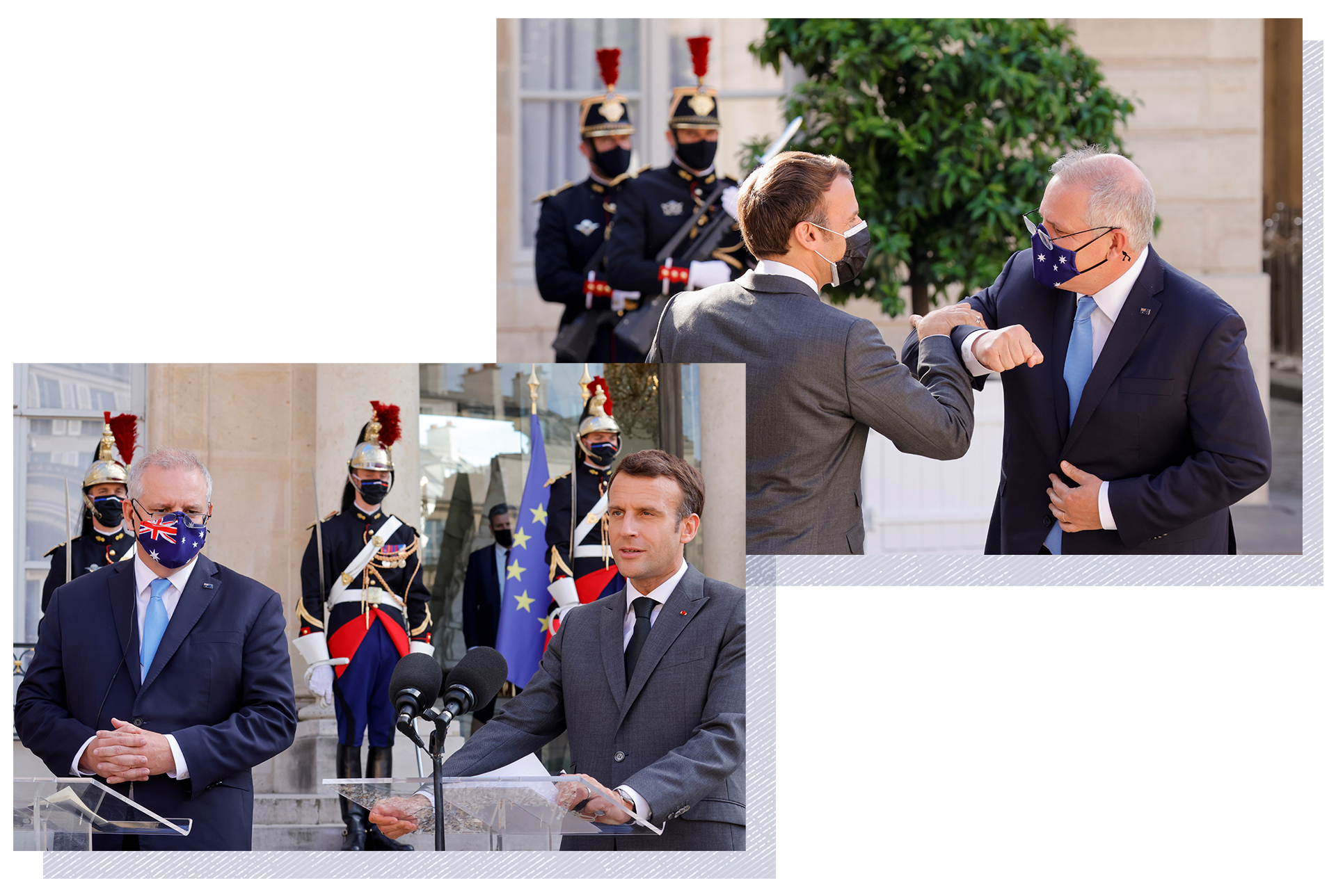 A composite picture of Macron greeting Morrison.