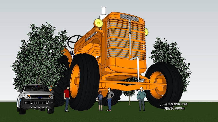 a huge orange tractor beside a ute and some people.