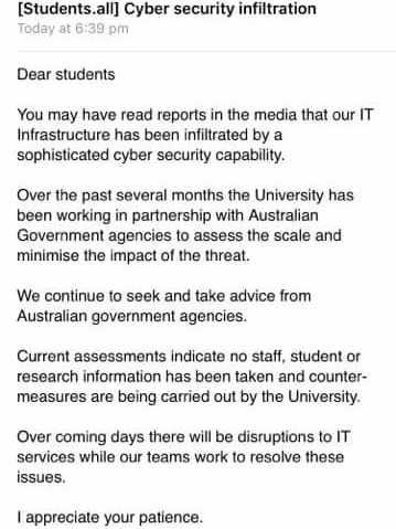 An email sent to ANU students about the cyber security infiltration.