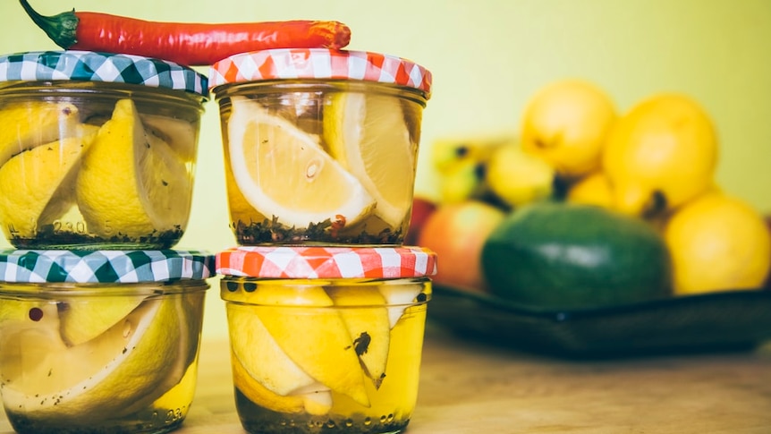 Small jars of lemon slices pickling on bench with a chili on the top for a story about pickling tips.