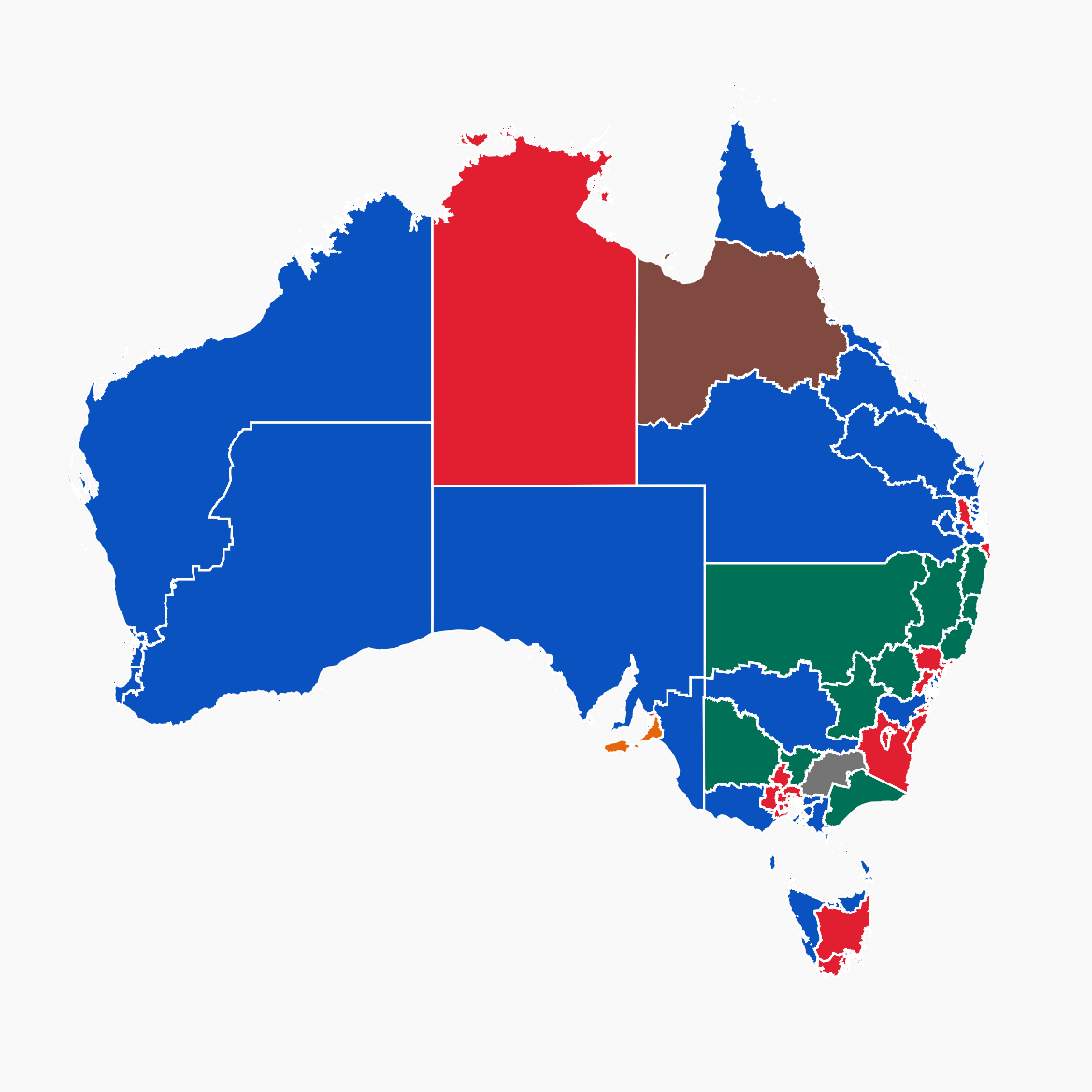 The map is divided up into electorates, and colour-coded depending on who won the seat.
