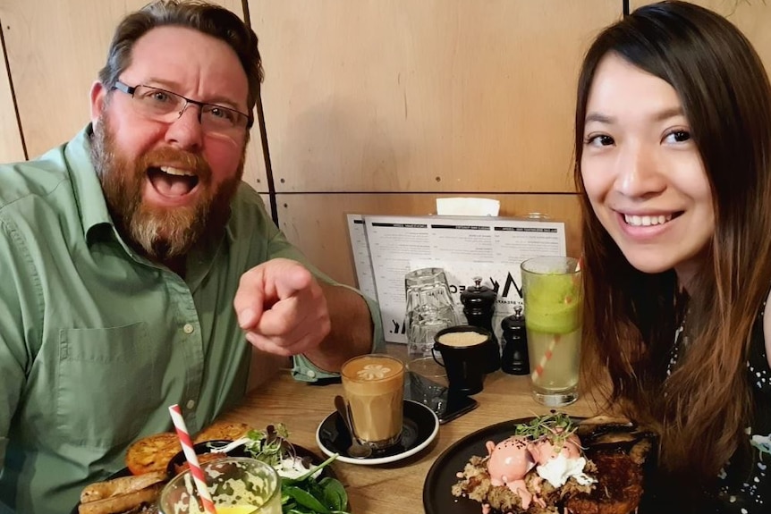 Selfie of Australian actor Shane Jacobson having lunch with Kaley Chu.