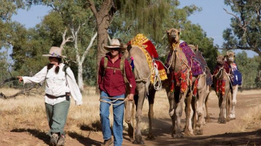 Ros Consoli and Russell Osborne lead their camel train along a path outside Alice Springs