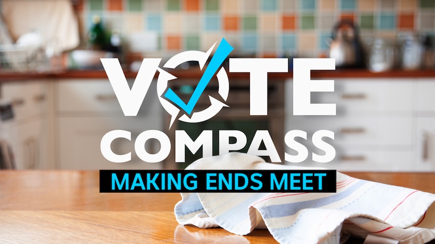 Vote Compass logo with text "Making Ends Meet" underneath it overlayed on an image of a tea towel in a kitchen