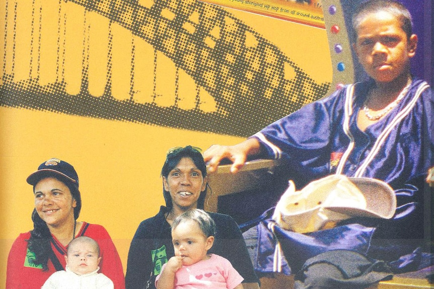 Collage image of mothers and Wilcannia Mob's Colroy against backdrop of Sydney Harbour bridge.