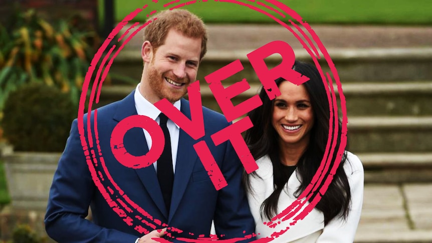 Image showing Prince Harry and Meghan Markle, with the words "over it" stamped on top.