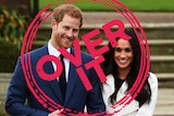 Image showing Prince Harry and Meghan Markle, with the words "over it" stamped on top.