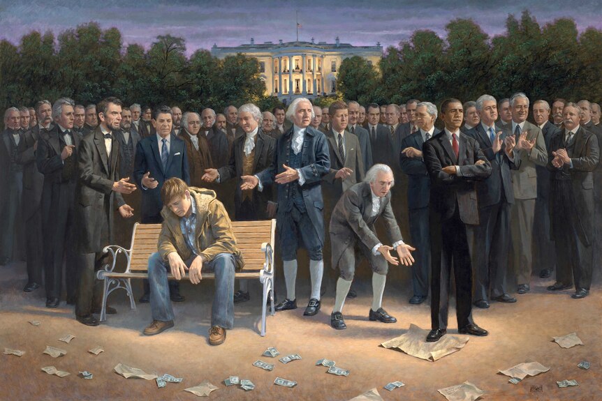 Barack Obama standing on the constitution while other past presidents point to a miserable man sitting on a park bench.