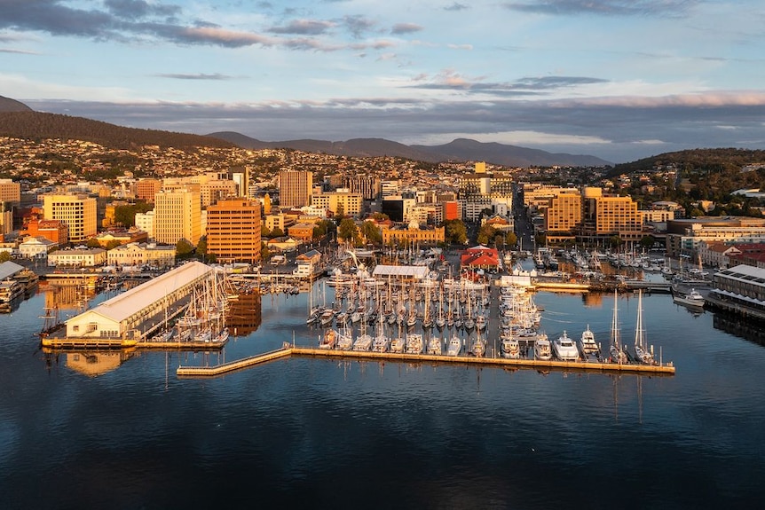 an aerial view of a city next to the water and a harbour with boats