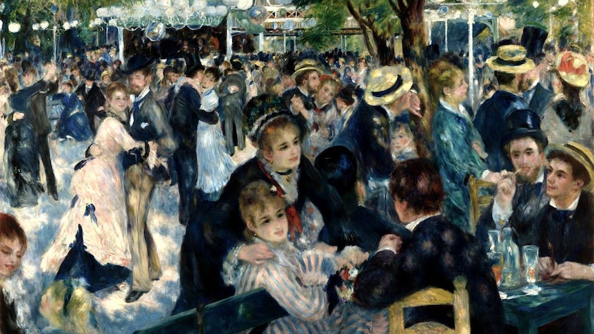 Oil painting of a scene outside a cafe in Paris. A young girl is the focus of the image, looking leisurely out at the world.