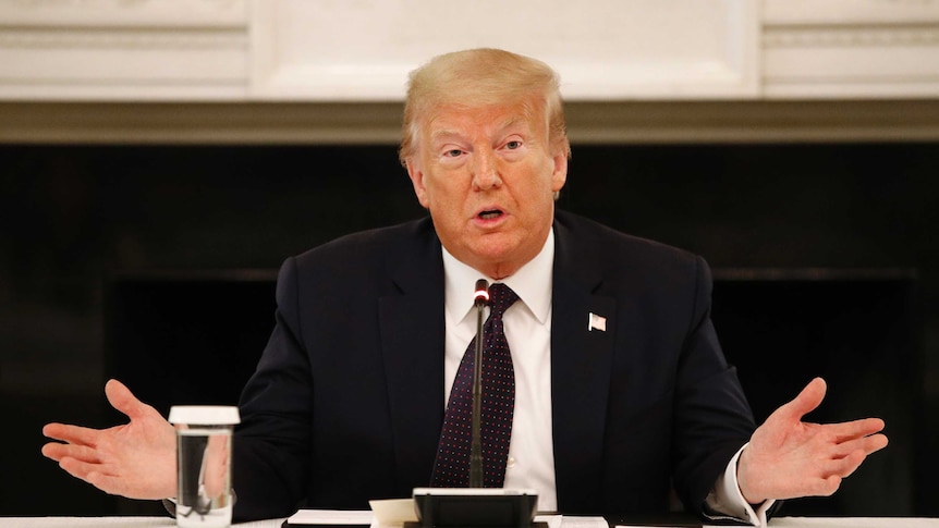 President Donald Trump speaks during a roundtable discussion at the White House.