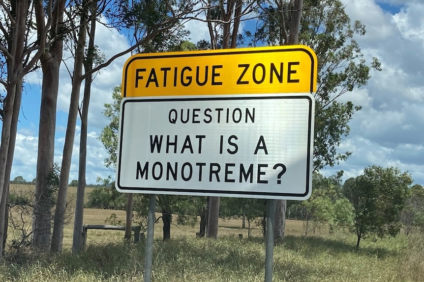 A roadside fatigue zone trivia sign asks "what is a monotreme?"