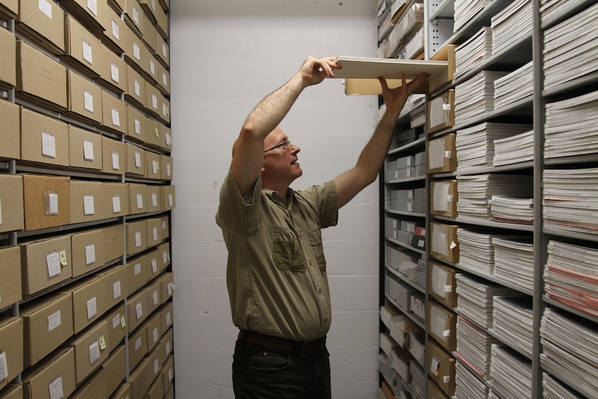 a man is between two large drawers of collections and is pulling a folder from one