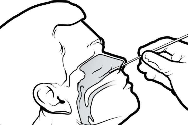 A black and white diagram of a person having a cotton bud stuck about 3 centimetres up their nose.