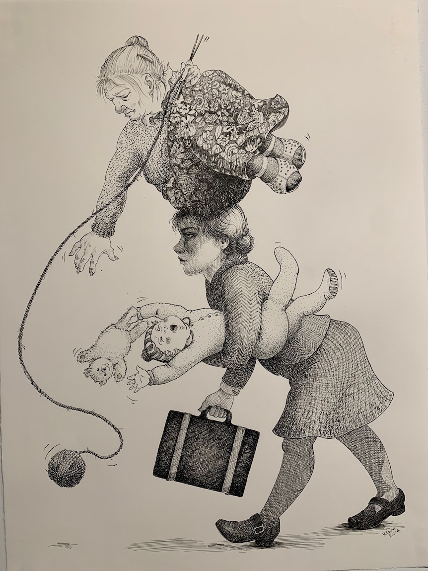 sketch of woman balancing baby with mother on head