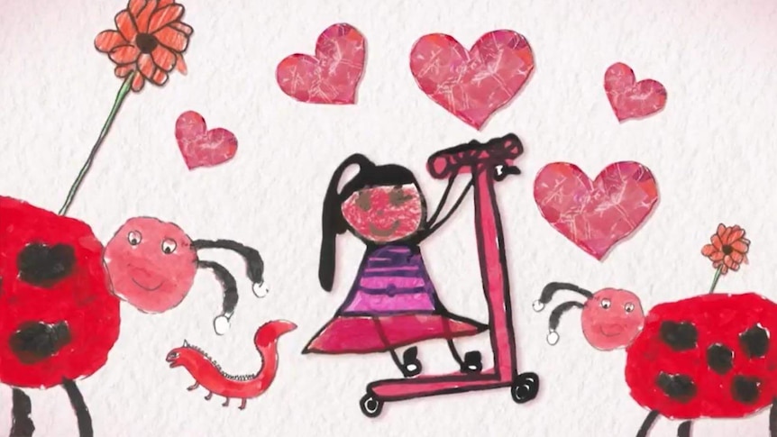 Animated image of a child on a scooter surrounded by red beetles, red love hearts and red flowers