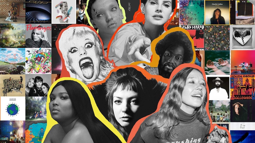 Angel Olsen, Lizzo, Lana Del Rey, Julia Jacklin, Amy Taylor, FKA Twigs, Michael Kiwanuka faces laid over collage of album covers