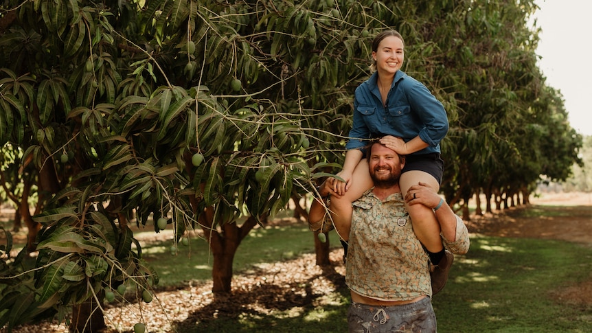 A woman sits on a man's shoulders smiling next to a row of mango trees