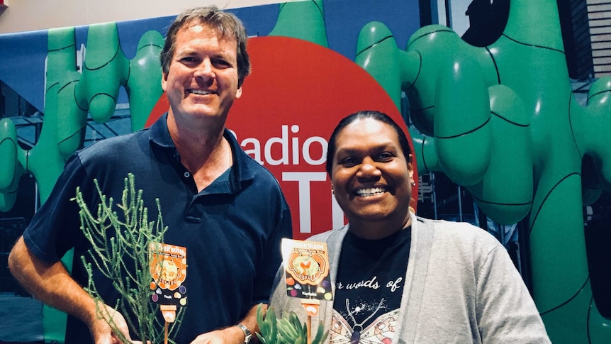 Mark Tucek and Marissa Verma with native Australian edible plants in the ABC Perth studio.