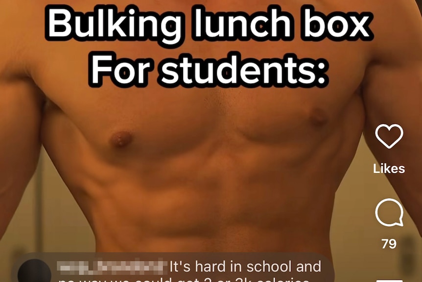 A screenshot of an instagram post, feature a shirtless man and text reading bulking lunch box for students