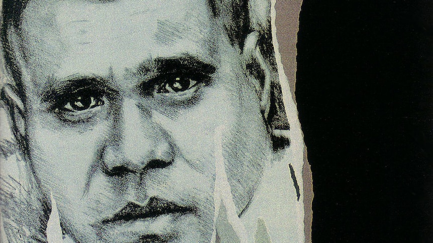 A black and white drawing of Archie Roach's face on the cover of his album Charcoal Lane