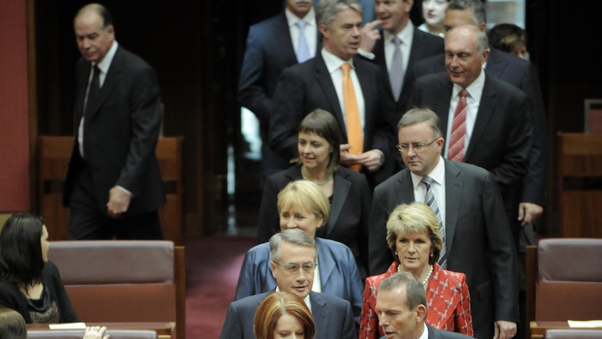 Claims are 'nonsense': Julia Gillard with Tony Abbot during opening ceremonies yesterday.