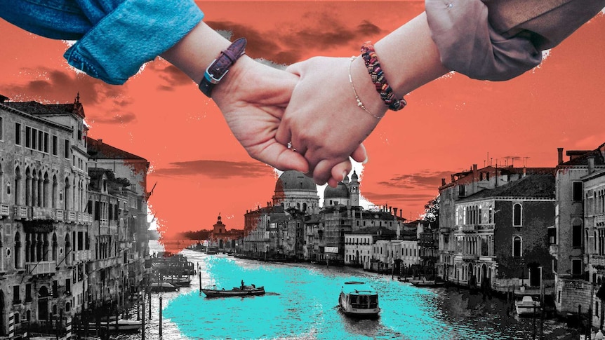 A collage image showing two people holding hands superimposed on a photograph of Venice's grand canal.