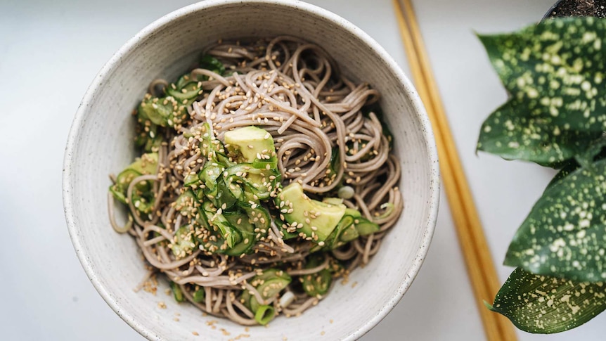 A bowl of chilled soba noodles with marinated cucumbers, avocado, sesame seeds, a fast vegetarian dinner recipe for summer.
