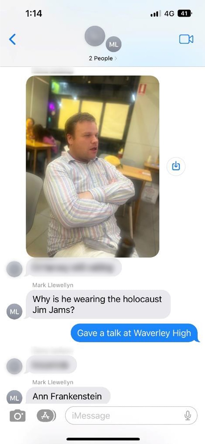 A screenshot of a text message exchange between Mark Llewellyn and Taylor Auerbach.