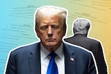 A designed image of Donald Trump looking sad against a blue and yellow gradient background