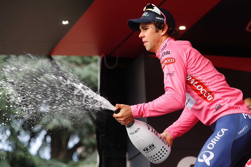 Michael Matthews celebrates his stage three win at Giro d'Italia