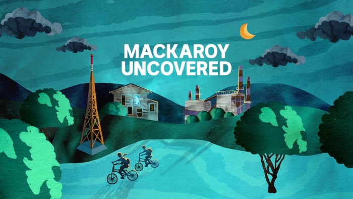 A spooky blue-green animated landscape featuring two children on bicycles on the lawns in front of a factory.