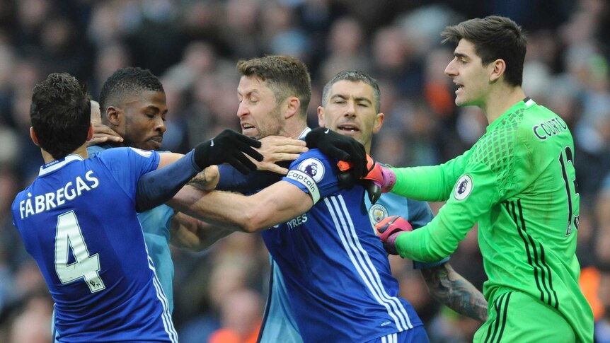 Tempers flare ... Chelsea and Manchester City clash during their Premier League encounter