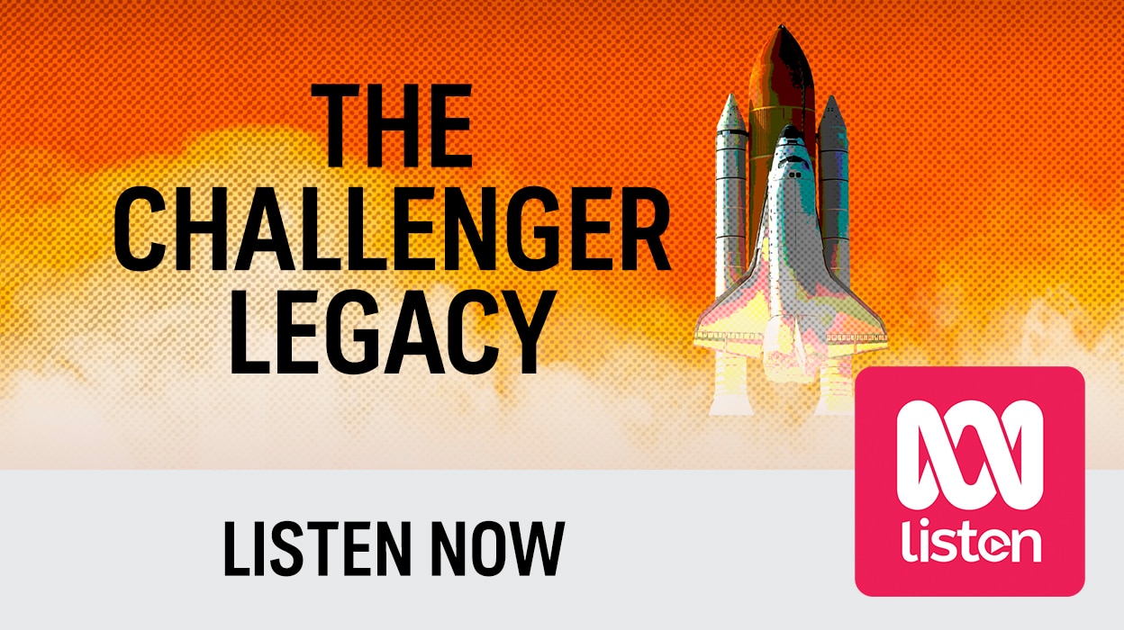 Comic-book style illustration of a rocket launching with text reading "The Challenger Legacy. Listen now
