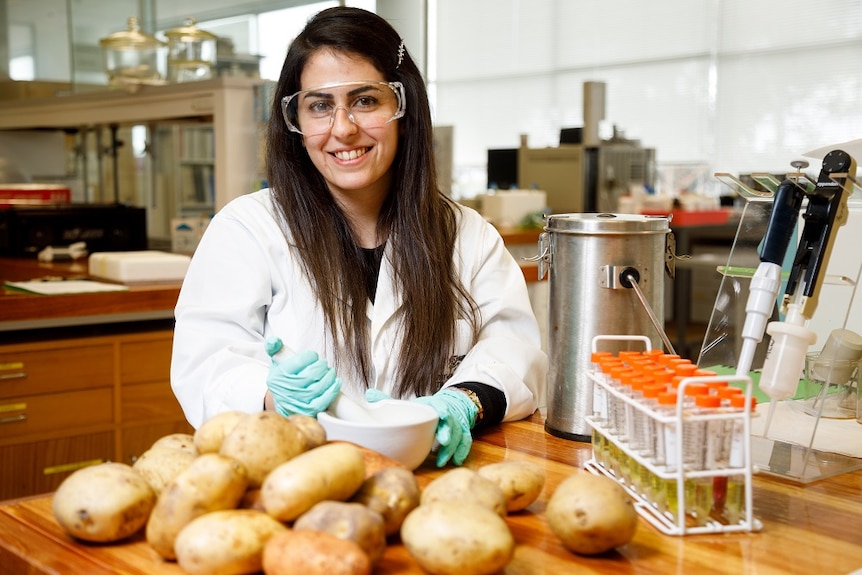 A female scientist with long, dark hair wearing safety glasses, sitting at a bench in front of a pile of potatoes.