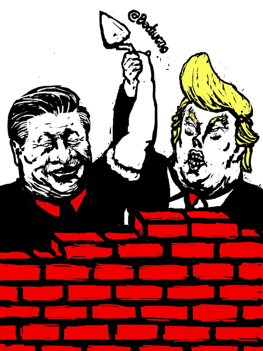 Xi Jinping and Donald Trump were hand in hand on the red constructing wall in Badiucao's art work.