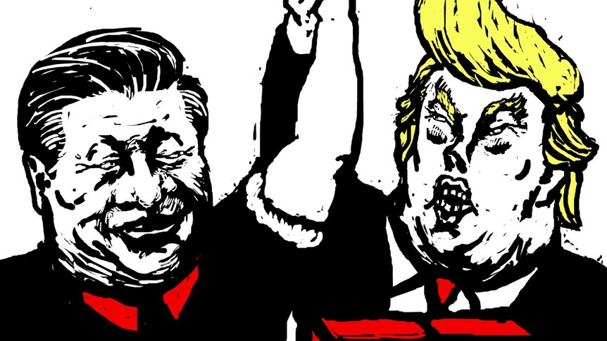 Xi Jinping and Donald Trump were hand in hand on the red constructing wall in Badiucao's art work.