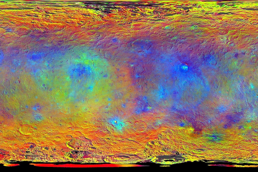 Compositional map of the dwarf planet Ceres showing how different surface compositions reflect light at different wavelengths