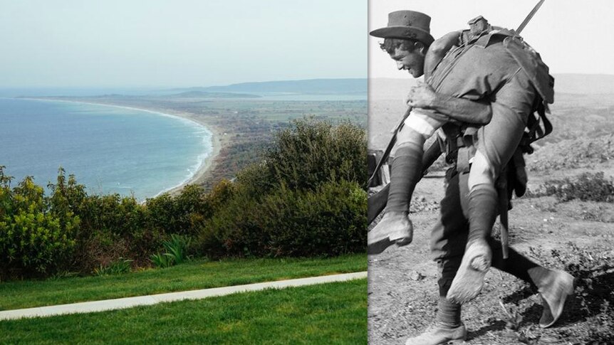 Composite image shows a Gallipoli photo from 1915 alongside a recent photo of the same scene.