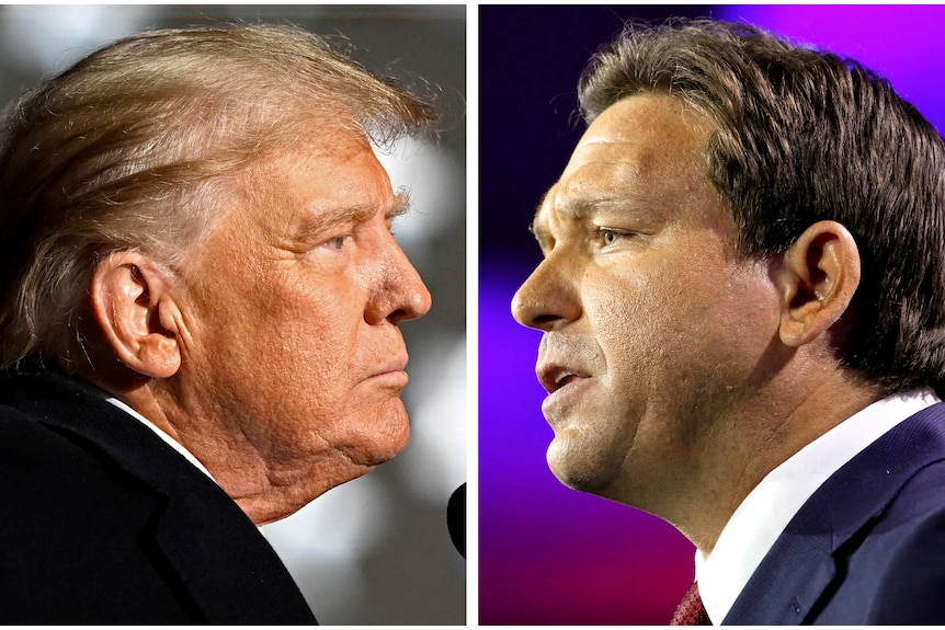 A composite image of Donald Trump and Florida Governor Ron DeSantis's side profiles