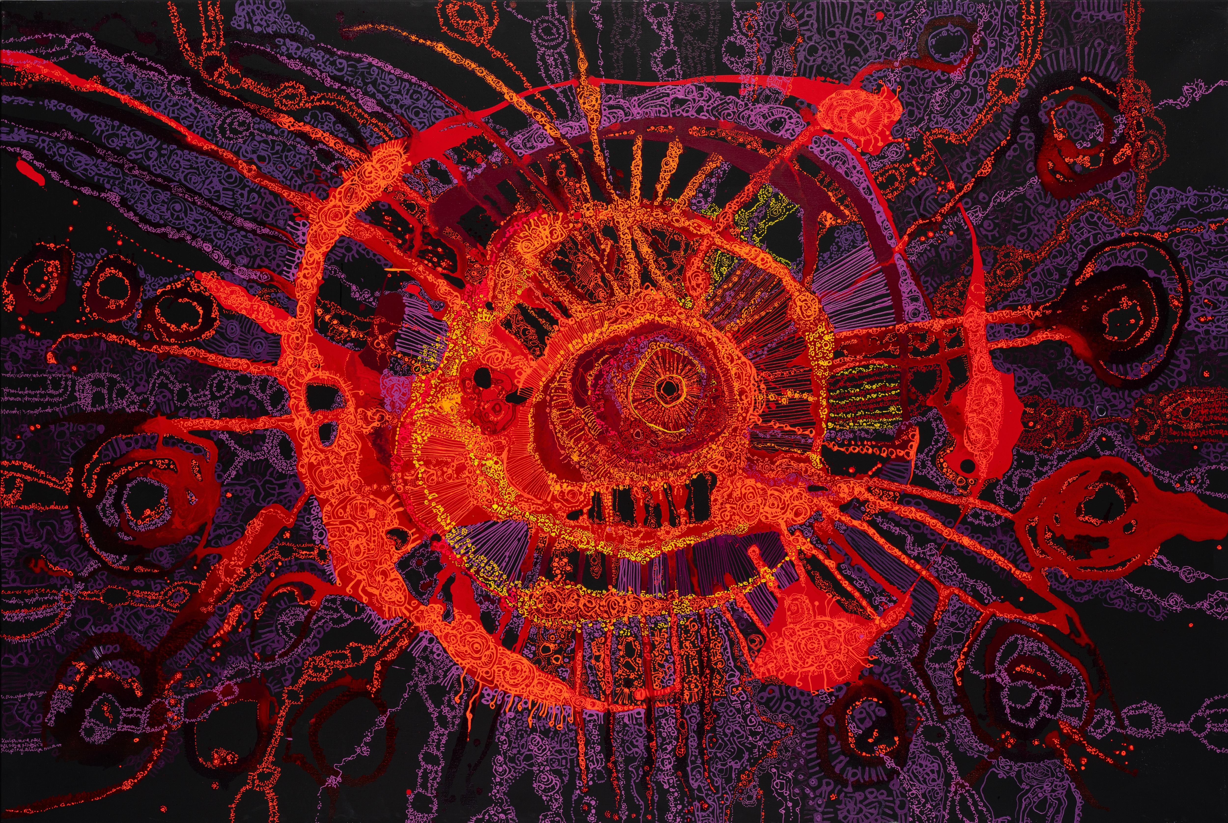 A contemporary artwork featuring black, red, purple and various shades of orange and brown.