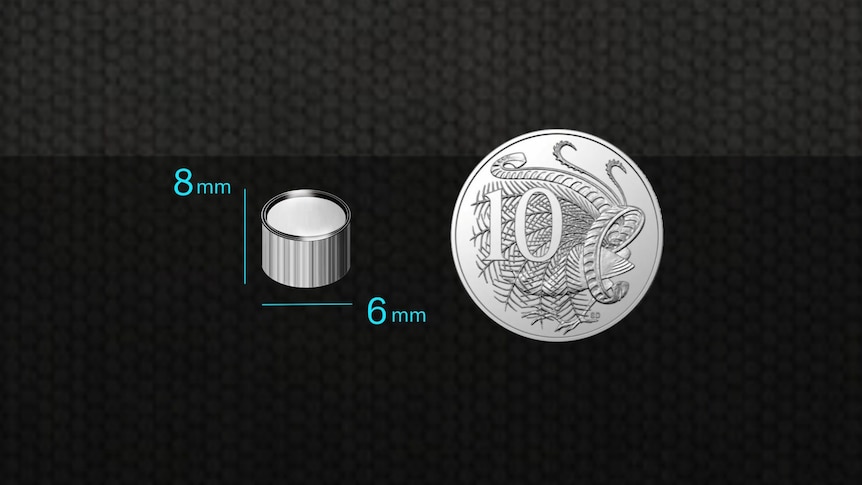 A small silver cylinder shown next to a 10-cent coin. 