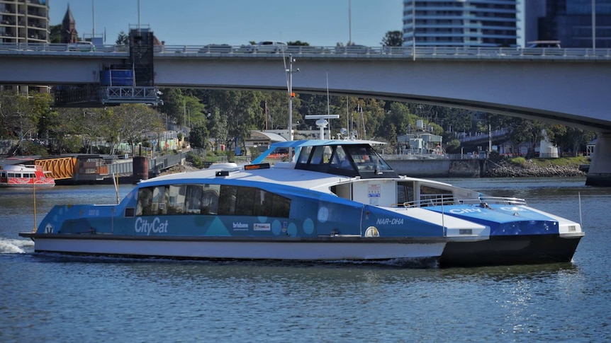 Blue City Cat ferry called Nar-Dha on Brisbane river, with the South East Freeway and South Bank in view.