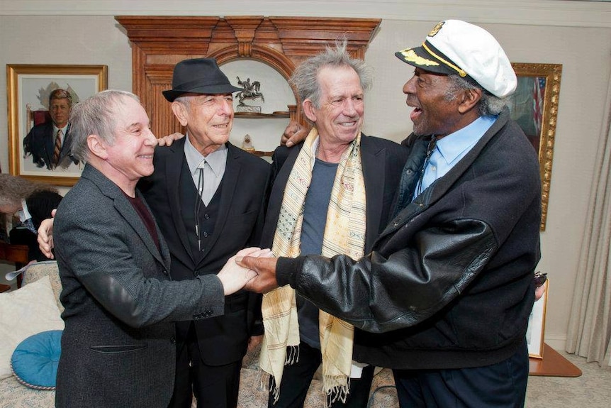 Musicians Paul Simon, Leonard Cohen, Keith Richards and Chuck Berry together in 2013.